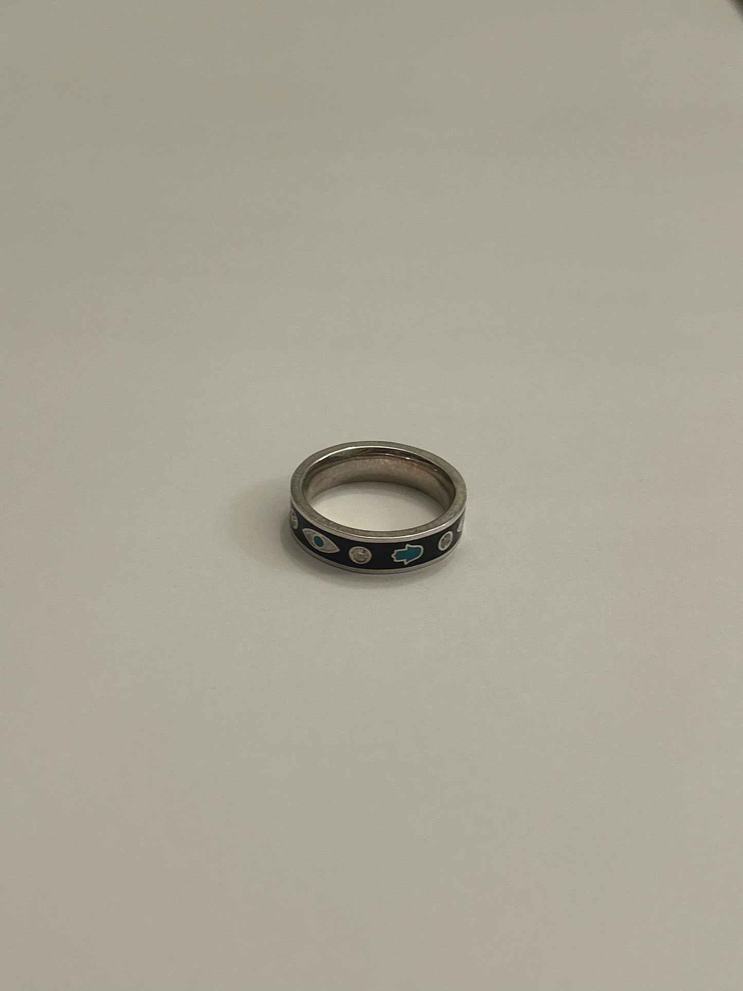 Fatima Hand and Evil Eye with Diamonds Black Ring
