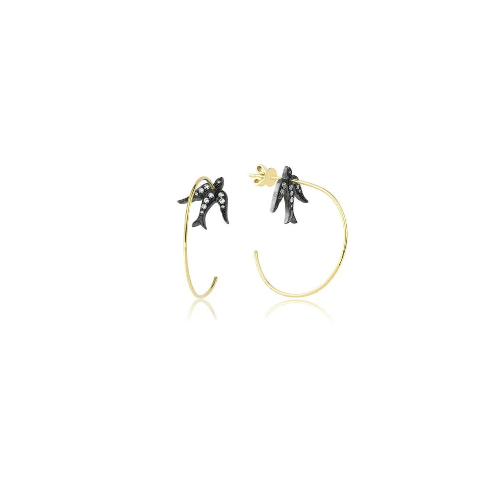 Swallow Earrings - Silver on Yellow Gold with Diamonds