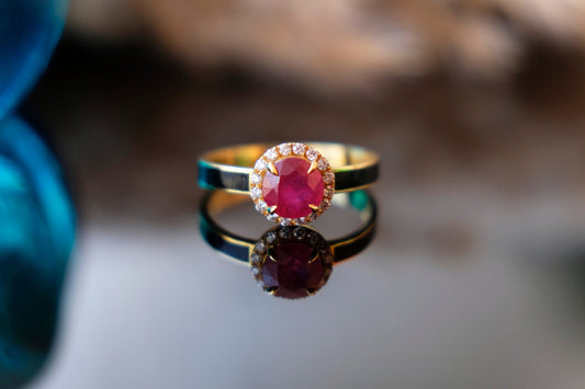 Ruby with Diamonds Halo on Yellow Gold and Enamel Ring