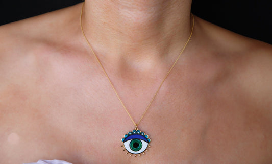 Picasso-Style Enamel Eye Pendant on 18k White and Rose Gold