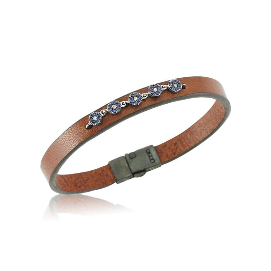 Blue Sapphires Five-Stars on Leather Bracelet