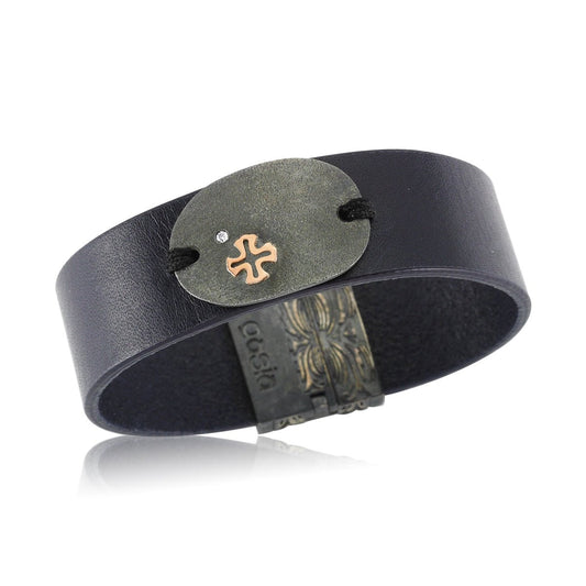 Plaquette 925 Oxidized Silver with Rose Cross and Diamond Bracelet on Leather