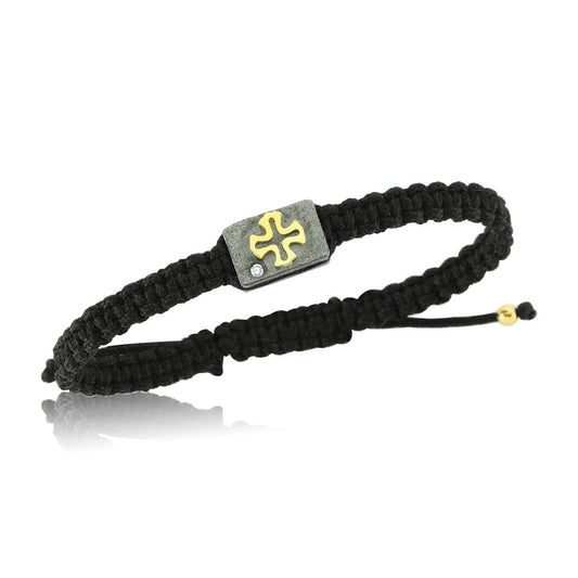 Yellow Gold Cross with Diamond on 925 Oxidized Silver Bracelet - Unisex