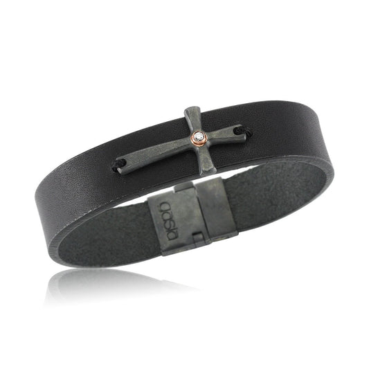 Cross Made from 925 Oxidized Silver with Diamond Center on Leather Bracelet - Unisex