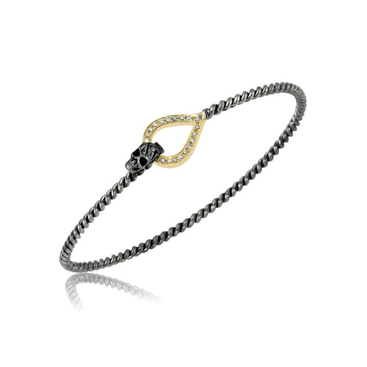 925 Oxidized Silver Bracelet Locked by Diamonds and Yellow Gold with Skull