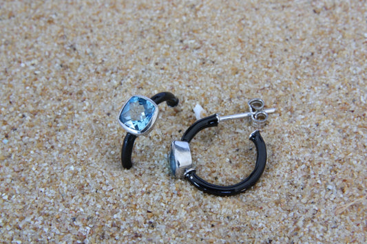 Blue Topaz on Black Enamel Earring