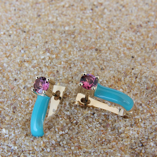 Pink Sapphire on Turquoise Enamel and 18k Yellow Gold