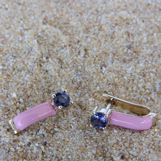 Iolite on Pink Enamel and 14K Yellow Gold
