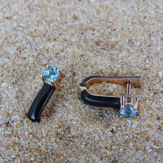 Blue Topaz on Black Enamel and 14K Rose Gold Earring