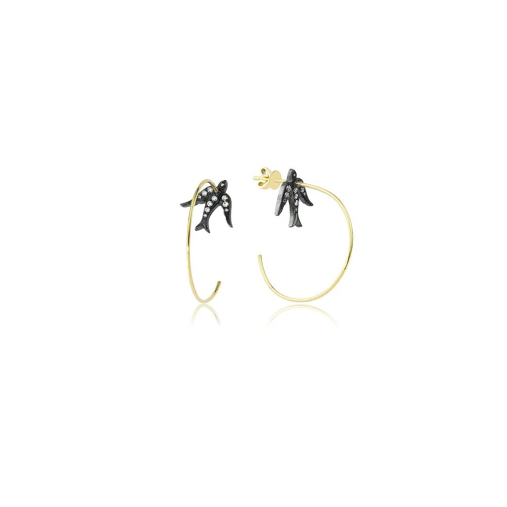 Swallow Earrings - Silver on Yellow Gold with Diamonds