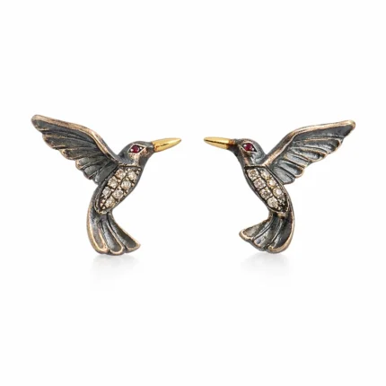 Hummingbird Kuş Figürlü Yakut Göz Detay Pırlanta İşlemeli Altın Küpe