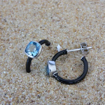 Blue Topaz on Black Enamel Earring