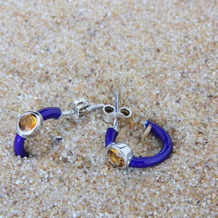 Citrine on Ocean Blue Enamel Earring - Summer Edition - Görsel 1