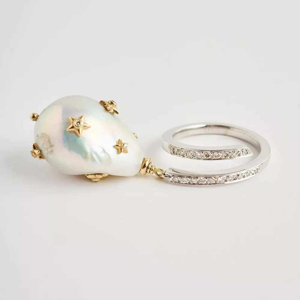 R070117 Barok İnci Detaylı Pırlantalı Yüzük - Image 2