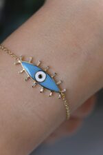 Baget Pırlantalı Bodrum Mavisi Mine Nazar Göz Altın Bileklik - Görsel 3