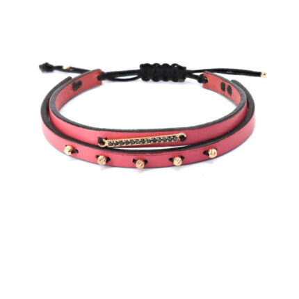 Pembe Deri Bileklik Siyah Pırlanta Çubuk Detaylı