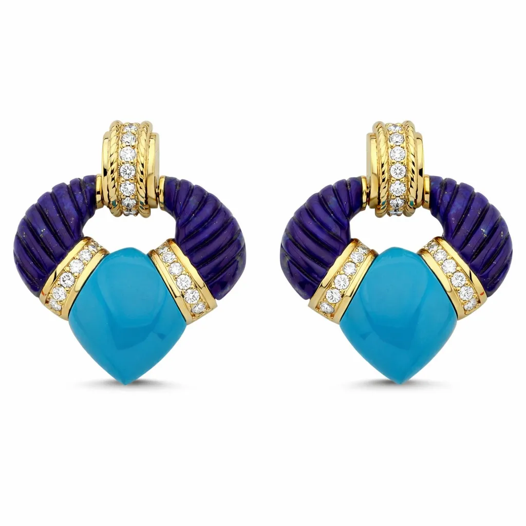 Lapis Lazuli ve Firuze taşlı pırlantalı küpe Lapis Lazuli ve Firuze taşlı pırlantalı küpe - Görsel 1