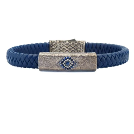 Mavi Örgü Deri ve Nazar Detaylı Gümüş Erkek Bileklik