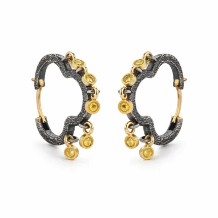 Sarı Pırlanta Detaylı Okside Gümüş ve Altın Halka Küpe