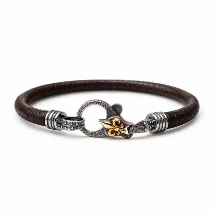 Siyah Deri ve Altın Detaylı Fleur de Lis Kilit Bileklik