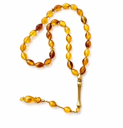 Bal Rengi Kehribar Tesbih Altın Detaylı Özel İşçilik