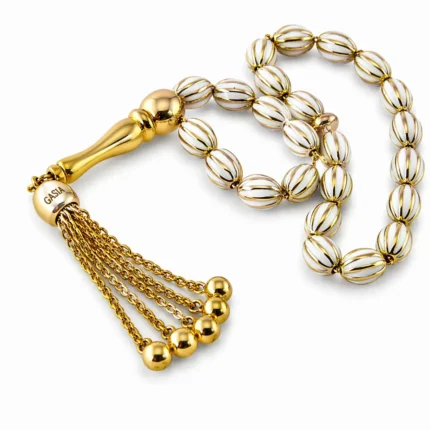 Beyaz Mine Detaylı Altın Püsküllü Tasarım Tesbih