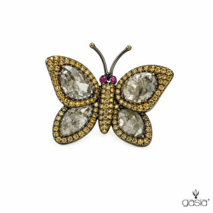 Slice Elmas ve Sarı Pırlanta Taşlı Kelebek Tasarım Altın Yüzük