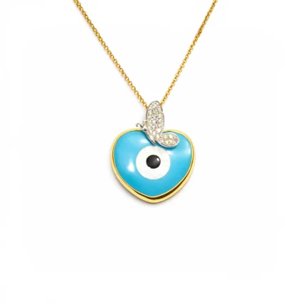 Kalp Form Nazar Boncuklu ve Pırlanta Kelebek Detaylı Altın Kolye