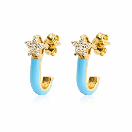 Mavi Mineli Yıldız Detaylı Altın Halka Küpe