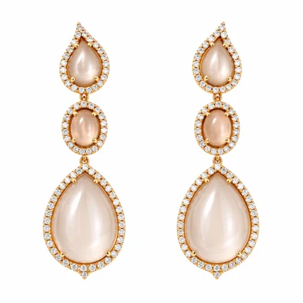 Moonstone Taşlı Çoklu Damla Form Pırlanta Detaylı Altın Küpe