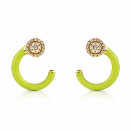 Neon Yeşil Mineli Pırlanta Taşlı Altın Halka Küpe
