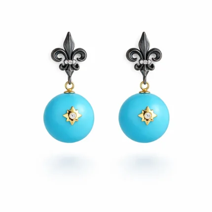 Okside Gümüş Fleur de Lis ve Firuze Top Detaylı Küpe