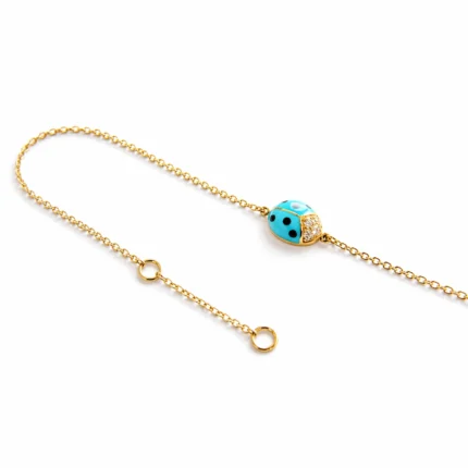 Pırlanta Detaylı Uğur Böceği Bodrum Mavisi Mine Altın Bileklik