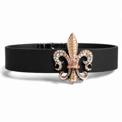 Pırlantalı Fleur De Lis Detaylı Deri Altın Bileklik