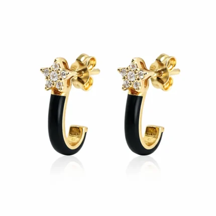 Siyah Mineli Yıldız Detaylı Altın Halka Küpe