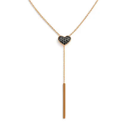 Siyah Pırlanta Kalp Detaylı Sallantılı Altın Kolye