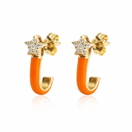 Turuncu Mineli Yıldız Detaylı Altın Halka Küpe