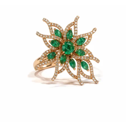 Zümrüt ve Pırlanta taşlı çiçek form yüzük