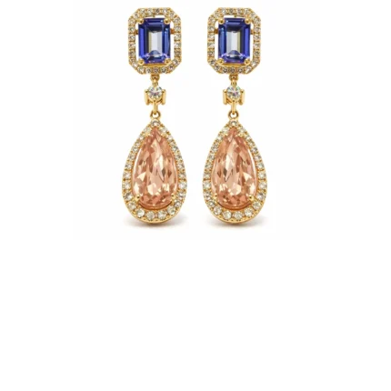 Altın Morganite ve Tanzanite Taşlı Sallantılı Küpe – Işıltılı ve Dikkat Çekici Tasarım
