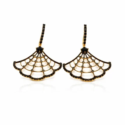 Altın Siyah Pırlanta Küpe – Örümcek Ağı Formlu Tasarım Sallantılı Küpe