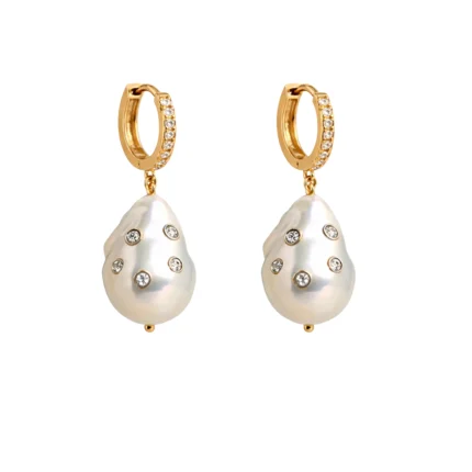 Pırlanta İşlemeli Barok İnci Sallantılı Altın Küpe