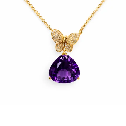 Kelebek Detaylı Ametist Taşlı Altın Kolye