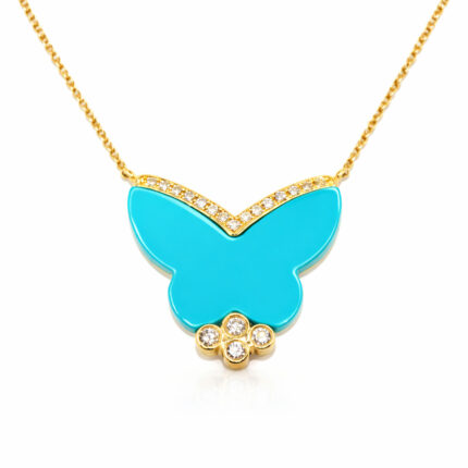 Firuze Taşlı Kelebek Figürlü Altın Pırlanta Kolye