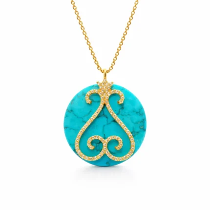 Firuze Taşlı Pırlanta Detaylı Tuğra Motif Altın Kolye