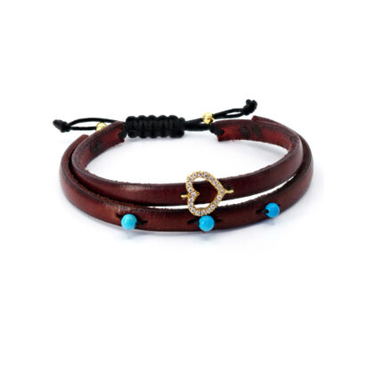 Kahverengi Deri Bileklik Pırlanta Kalp Detaylı Turkuaz Boncuklu Tasarım