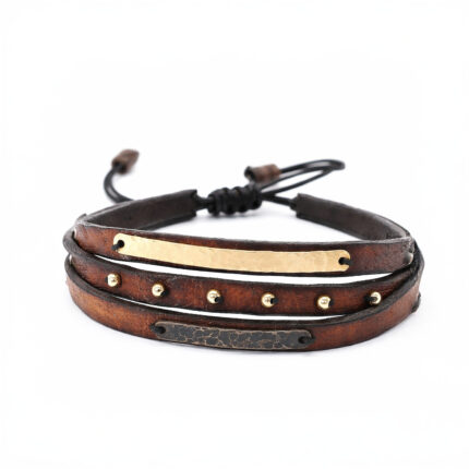 Kahverengi Deri Bileklik Sarı ve Okside Altın Detaylı Tasarım