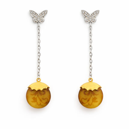 Kelebek Formlu Zincirli Amber Taşlı Küpe