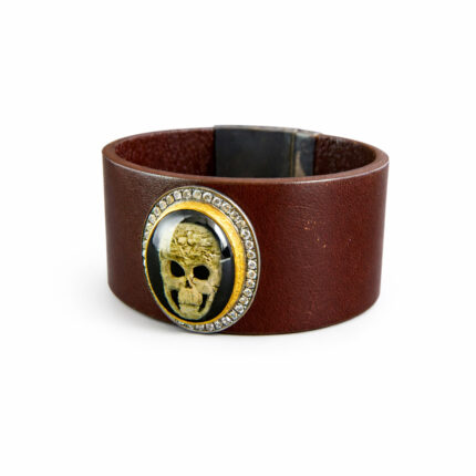 Kuru Kafa Motifli Deri Bileklik, Pırlanta Detaylı