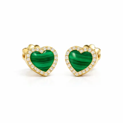 Malakit Kalp Form Pırlanta Detaylı Altın Küpe