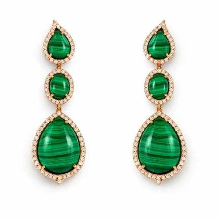 Malakit Taşlı Damla Form Pırlanta Detaylı Altın Küpe